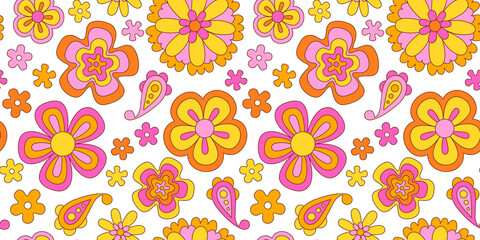 Leinwandbilder - Vintage flower seamless pattern illustration. Retro psychedelic floral background art design. Groovy colorful spring texture, hippie seventies nature backdrop print with repeating daisy flowers.