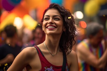 Wall Mural - Conceptual portrait photography of a satisfied girl in her 30s wearing a sporty tank top against a festive parade background. With generative AI technology