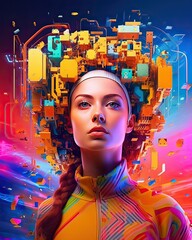 Explore the futuristic world of technology and artificial intelligence with a visually captivating image that combines abstract backgrounds and vibrant colors 