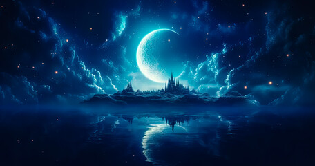 the crescent moon in the sky in blue light, over the mountains peak and reflection in the water, gen