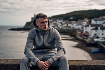 Wall Mural - Photography in the style of pensive portraiture of a glad boy in his 30s wearing a comfortable tracksuit against a picturesque fishing village background. With generative AI technology