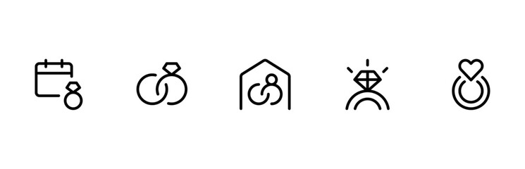 Engagement ring icon, wedding ring icon, diamond ring icon vector set design with Editable Stroke. Line, Solid, Flat Line, thin style and Suitable for Web Page, Mobile App, UI, UX design.