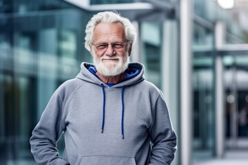 Wall Mural - Lifestyle portrait photography of a glad old man wearing a stylish hoodie against a modern office building background. With generative AI technology