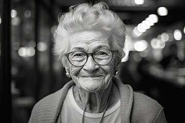 Wall Mural - Close-up portrait photography of a glad old woman wearing soft sweatpants against a bustling cafe background. With generative AI technology