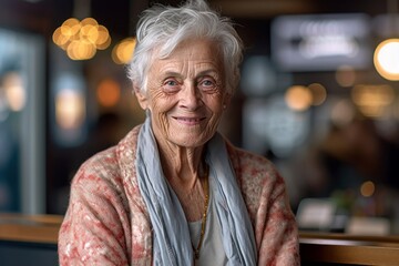 Sticker - Close-up portrait photography of a glad old woman wearing soft sweatpants against a bustling cafe background. With generative AI technology