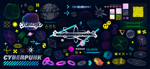 Wall Mural - Neon and 3D shapes in Y2K style, universal geometric shapes, holographic stickers, trendy design from 2000s. Retrofuturistic vaporwave style graphic box. 3D elements cyberpunk. Neon vector set