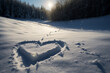 Heart shape drawn on the snow.Blurred pine tree background.Created with generative ai