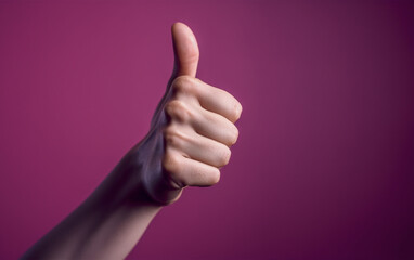hand with thumb up on magenta isolated background.close up view.copy and text space.created with gen