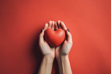 Wall Mural - woman hands holding red heart on pastel isolated background.top view.copy and text space.created wit