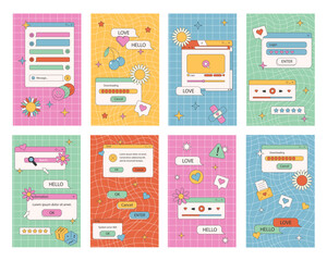 Fototapete - Retro UI post template. Cool 90s aesthetic social media stories frames, app window with groovy background vector set. Illustration of graphic template retro groovy. Vector stock illustration,