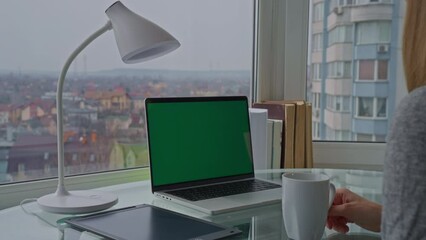 Aufkleber - businesswoman has a break at workspace with view of cityscape laptop with green screen on the desk in apartment businesswoman working online