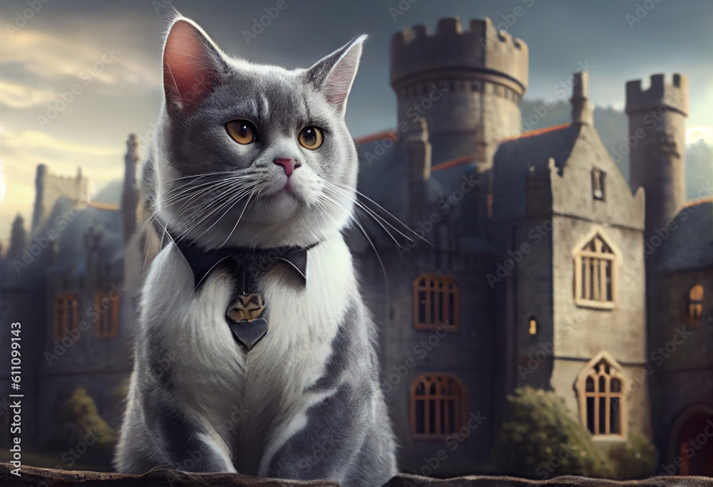 Cat butler, majordomo cat portrait, on the background of an ancient ...