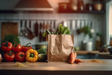 Wall Mural - Fresh vegetables in an ecological bag on the table, generative  ai