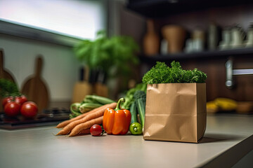 Wall Mural - Fresh vegetables in an ecological bag on the table, generative  ai