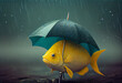 Fish with an umbrella, funny absurd illustration. AI generated.