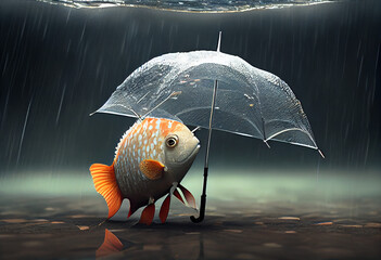 Fish with an umbrella, funny absurd illustration. AI generated.