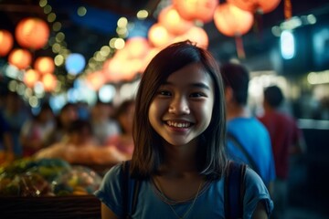 Wall Mural - Medium shot portrait photography of a glad kid female wearing a casual short-sleeve shirt against a lively night market background. With generative AI technology