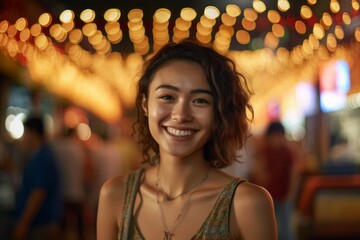 Wall Mural - Close-up portrait photography of a happy mature girl wearing a cute crop top against a lively night market background. With generative AI technology