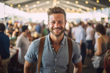 Sticker - Medium shot portrait photography of a satisfied boy in his 30s wearing a classy button-up shirt against a bustling art fair background. With generative AI technology