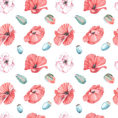 Naklejka na meble Seamless pattern of watercolor illustrations of pink-red poppy on a white background
Isolated. Handmade work.