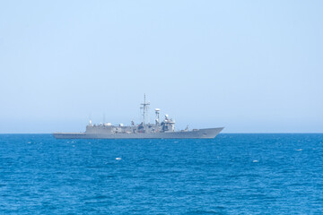 Modern military naval battleships warships, summer sunny day