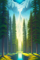 Wall Mural - Landscape in scandinavian arctic forest, pine trees and snowy sunset, matte painting vector illustration