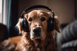 Funny cute dog listening to music wearing headphones. Ai generated