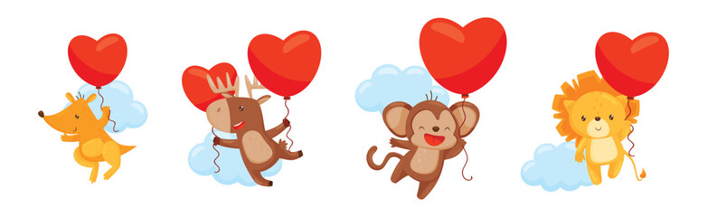 Canvas Print - Funny Animals Flying with Heart Red Balloon Among Clouds Vector Set