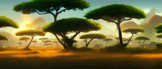 African rainforest. African jungle rainforest panorama with tropical vegetation, exotic fantasy landscape banner 