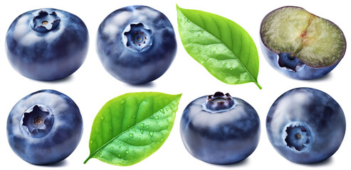 Wall Mural - Set of five whole blueberries, one cut and two blueberry leaves isolated on a white background.