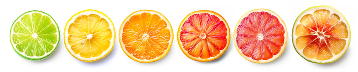 Wall Mural - Set of cut citrus fruits: lime, lemon, orange, blood orange, grapefruit, pomelo isolated on white background.