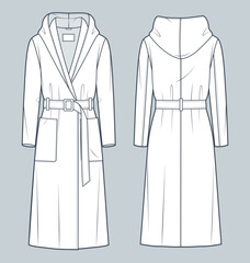 Wall Mural - Robe Coat technical fashion Illustration. Hooded long Coat, Outerwear fashion flat technical drawing template, long sleeve, pockets, front and back view, white, women, men, unisex CAD mockup.