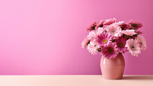 Pink Gerbera Flowers In A Vase On Table With Pink Wall Background. High Quality Photo