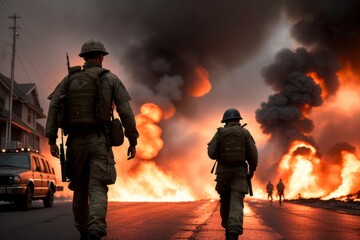 Wall Mural - View from behind. A soldier in camouflage uniform with a rifle against the background of a burning house, back view. The concept of war or the game of airsoft. Generative AI