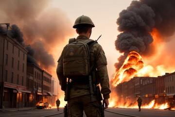 View from behind. A soldier in camouflage uniform with a rifle against the background of a burning house, back view. The concept of war or the game of airsoft. Generative AI