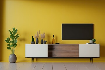 Poster - cozy living room featuring yellow walls and a television. Generative AI