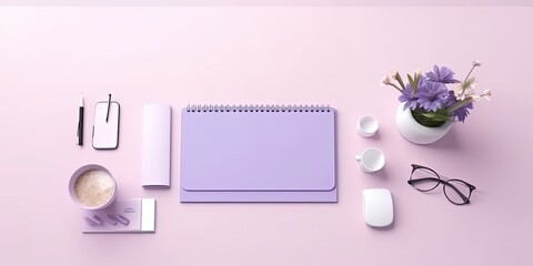 Poster - pastel purple minimalist office desk table. Design for a workspace with a desk for studying and a laptop, notebook, and headphones. flat lay design. mockup design. Very rural Generative AI
