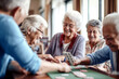 © InputUX - Candid shot of seniors in a lively social activity, playing cards and laughing, capturing the joy of leisure in retirement, generative ai