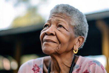 Close-up outdoor portrait of a thoughtful senior black woman, an emblem of middle-class black America, showcasing wisdom and resilience, generative ai