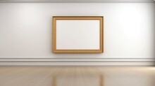 On The Wall Of An Auction House Or Museum Display, An Ancient Golden Art Fair Gallery Frame. Blank Template With White Copyspace For Mockup Design. Generative AI