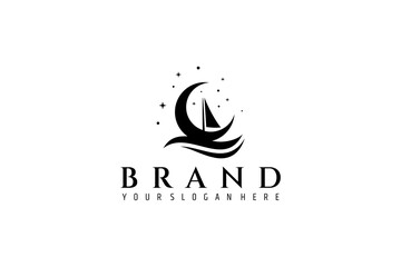Wall Mural - crescent moon flat logo design with combination of boat sails with waves