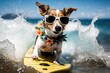 cool dog surfing with sunglasses in the ocean waves. Generative AI