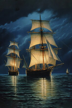 Three Masted Schooners At Night Illustrated With Generative Ai
