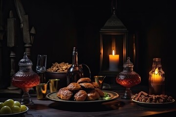 Still life with dates, wine, walnuts and candlesticks, Delicious Ramadan iftar and Suhoor traditional meal, AI Generated