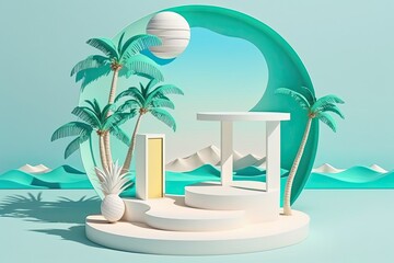 Wall Mural - A simple exhibition platform with a summer season background is shown in this concept illustration. Pedestal with a simple design. Generative AI