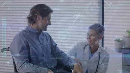 Poster - Animation of data processing over caucasian female doctor talking with male patient