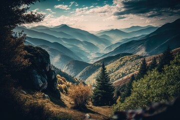 Canvas Print - majestic mountain range with dense forest. Generative AI