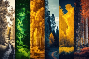 Poster - serene forest landscape in four different scenes. Generative AI