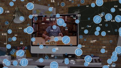 Poster - Network of digital icons and data processing over caucasian girl in online class