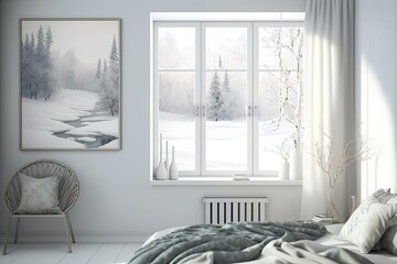 Poster - A summer and winter landscape may be seen via the window. Nordic-style interior design. Generative AI